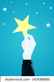 vector illustration of giant hand picking up a star. business concept illustration