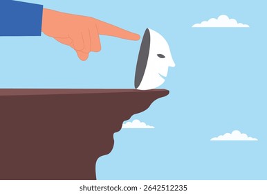 Vector illustration of a giant hand pushing a scam mask down a steep hill, symbolizing the fight against fraud, exposing deception, and driving dishonesty out of business
