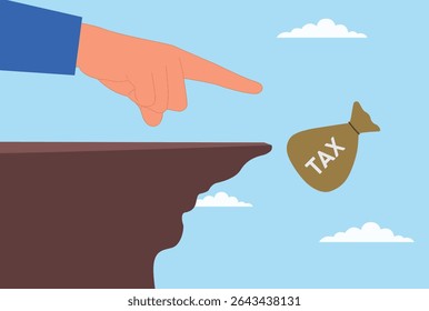 Vector illustration of a giant hand pushing a tax sack off the top of a mountain, representing the fight against heavy taxes and the pursuit of financial freedom and relief
