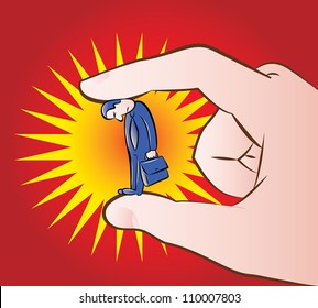 vector illustration of a giant hand smashing a businessman/mobbing