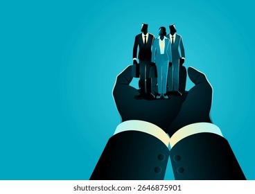 Vector illustration of a giant hand supporting a group of businesspeople, symbolizing leadership, mentorship, human capital, and corporate support.