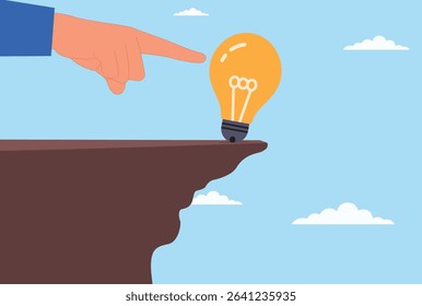 Vector illustration of a giant hand trying to push an electric bulb down a steep hill, symbolizing the struggle against innovation, obstacles to creativity, and resistance to new ideas

