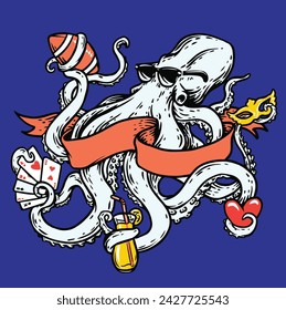 vector illustration of a giant octopus or cool kraken wearing sunglasses doing various activities such as playing poker, drinking juice, playing rugby ball, holding a mask etc.