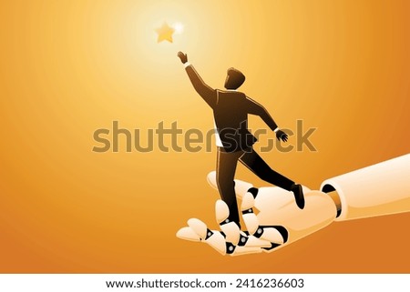 Vector illustration of giant robotic hand helping a businessman to reach out for the star
