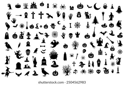 Vector illustration. Giant set of black silhouettes for Halloween.