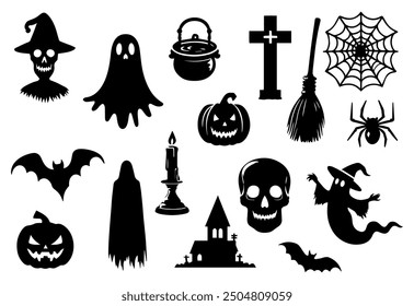 Vector illustration. Giant set of black silhouettes for Halloween.