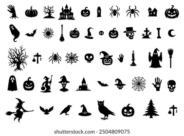 Vector illustration. Giant set of black silhouettes for Halloween.