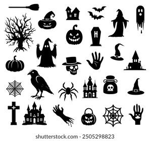 Vector illustration. Giant set of black silhouettes for Halloween.