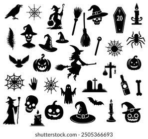 Vector illustration. Giant set of black silhouettes for Halloween.
