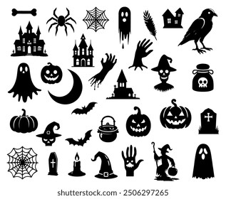  Vector illustration. Giant set of black silhouettes for Halloween.