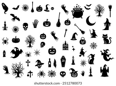Vector illustration. Giant set of black silhouettes for Halloween.