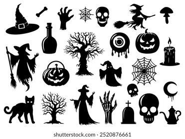 Vector illustration. Giant set of black silhouettes for Halloween.