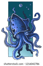 vector illustration of giant squid tentacles in deep blue sea water