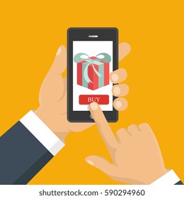 Vector illustration. Gift app page on smartphone screen. Hand hold smartphone. Mobile concept for web banners, web sites, infographics. 