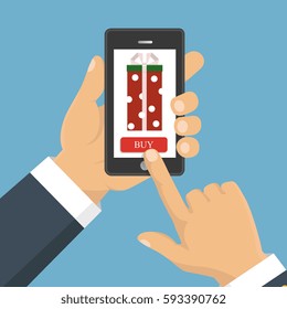 Vector illustration. Gift app page on smartphone screen. Hand hold smartphone. Mobile concept for web banners, web sites, infographics. 