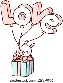 A vector illustration of gift box with balloons that spell the word Love