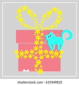 Vector illustration of gift box with a bow knot. Gift box with cat and flowers design.