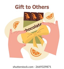 Ilustração vetorial de uma caixa de presente com barras de chocolate e um arco amarelo, pronto para ser dado. Mãos estendidas, simbolizando doação e compartilhamento. Inclui decoração de fatias laranja.
