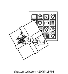 Vector Illustration Of A Gift Box Of Chocolates For Valentine's Day. Line Art