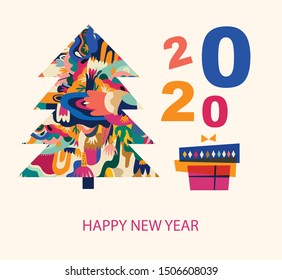 Vector illustration with gift box and Christmas tree. Holiday greeting card for New Year and Christmas holidays
