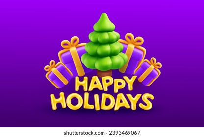 Vector illustration of gift box with christmas tree and golden text happy holidays on color background. 3d style winter holiday design of happy new year 2024. Decorative symbol and present for card