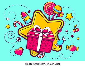 Vector illustration of gift box and confection  on green background with star and dot. Hand draw line art design for web, site, advertising, banner, poster, board and print.  