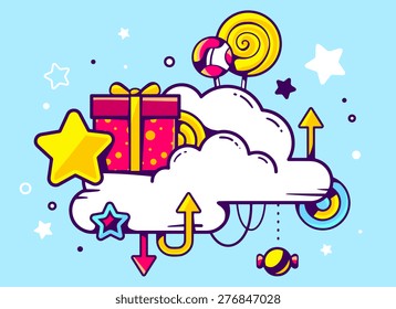 Vector illustration of gift box and confection with cloud on blue background with star and dot. Hand draw line art design for web, site, advertising, banner, poster, board and print.  