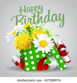 Vector illustration of gift box with daisies and dandelions