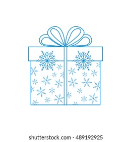 Vector illustration of gift box decorated snowflakes on white background made in line style.Design element for postcard, invitation, banner, flyer.