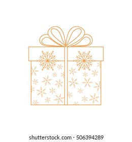 Vector illustration of gift box decorated snowflakes on white background made in line style.Design element for postcard, invitation, banner, flyer.