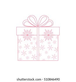 Vector illustration of gift box decorated snowflakes on white background made in line style.Design element for postcard, invitation, banner, flyer.