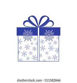 Vector illustration of gift box decorated snowflakes on white background.Design element for postcard, invitation, banner, flyer.
