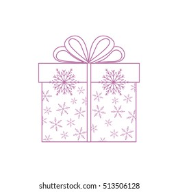 Vector illustration of gift box decorated snowflakes on white background made in line style.Design element for postcard, invitation, banner, flyer.