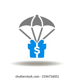 Vector illustration of gift box with dollar currency and parachute. Icon of gift, bonus, prize. Symbol of finance, money donation. Subsidy sign.
