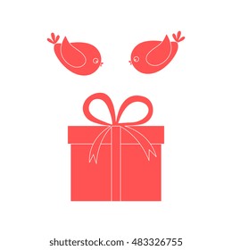Vector illustration of gift box and a flying birds to her on white background.
