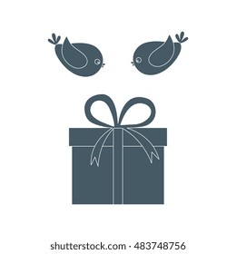 Vector illustration of gift box and a flying birds to her on white background.