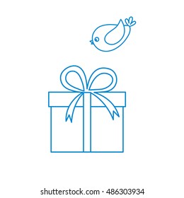 Vector illustration of gift box and a flying bird to her on white background. Made in line style.