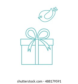 Vector illustration of gift box and a flying bird to her on white background. Made in line style.