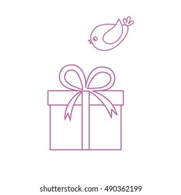 Vector illustration of gift box and a flying bird to her on white background. Made in line style.