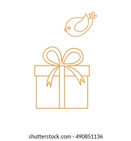 Vector illustration of gift box and a flying bird to her on white background. Made in line style.