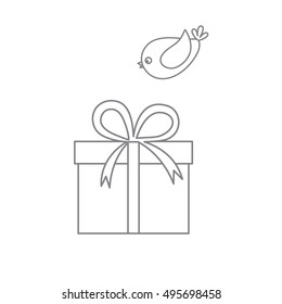 Vector illustration of gift box and a flying bird to her on white background. Made in line style.