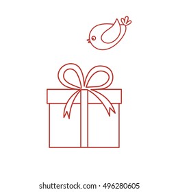 Vector illustration of gift box and a flying bird to her on white background. Made in line style.