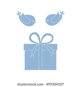 Vector illustration of gift box and a flying birds to her on white background.