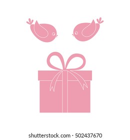 Vector illustration of gift box and a flying birds to her on white background.