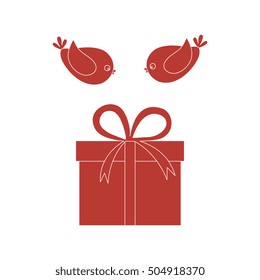 Vector illustration of gift box and a flying birds to her on white background.
