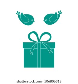 Vector illustration of gift box and a flying birds to her on white background.