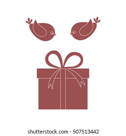 Vector illustration of gift box and a flying birds to her on white background.