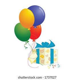 A vector illustration of a gift box with four balloons.