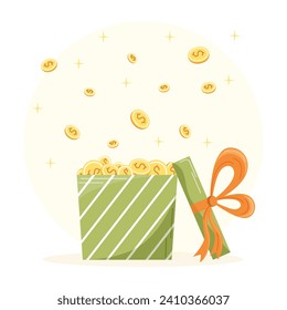 Ilustración vectorial de una caja de regalo con monedas de oro. Concepto de negocio. Bonificación en efectivo. Presente. Bonos. Profit.Element para temas financieros.
