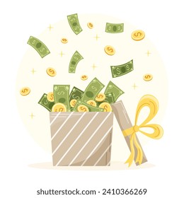 Vector illustration of a gift box with gold coins and banknotes. Business concept. Cash bonus. Present. Bonuses. Profit.Element for financial topics. 
